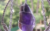 Raw dark purple amethyst crystal pendant wire wrapped in sterling silver & silver necklace